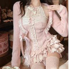 Lunivop Mesh Patchwork Bow Slim Fit Sleeveless Vest Top for Women+ Fashion Sweet Ruched Cake Skirts 2025 Summer New Two Piece Sets