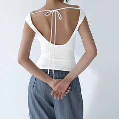 Lunivop Camis and Tanks Women Sleeveless Swing Collar Backless Tie Back Ruched Top Summer Ladies Daily Outfit