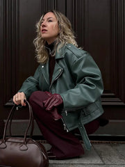 Lunivop Casual Zipper PU Leather Short Jackets Women Vintage Loose Lapel Long Sleeved Jacket Female Autumn Solid Chic Moto Biker Tops
