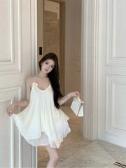 Lunivop Woman Dress Sleeveless V Neck Flowers Irregular Solid V Neck Sweet Elegant Party Mini Dresses Female Casual Summer