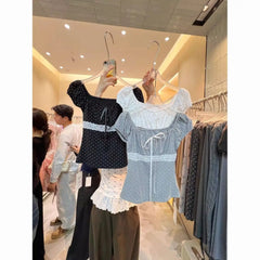 Lunivop New Sweet Spice Girls Lace Patchwork Vests Polka Dot Square Collar Puff Sleeve Tanks Slim Exquisite Minority Fresh Camis