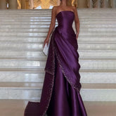 Lunivop Grape Purple Evening Dress Customized Strapless Pleated Satin Sequin Mermaid Prom Gowns Lace-up Back Party Dress