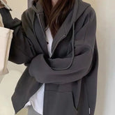 Lunivop Women Hoodies Autumn Retro Solid Color Zip Up Oversized Sweatshirts Harajuku Long Sleeve Hooded Jackets Coat DF4963