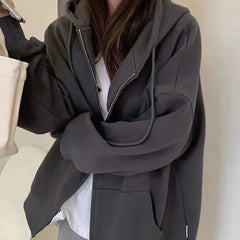 Lunivop Women Hoodies Autumn Retro Solid Color Zip Up Oversized Sweatshirts Harajuku Long Sleeve Hooded Jackets Coat DF4963
