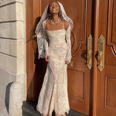 Lunivop Elegant Wedding Lace Zipper Slit Spaghetti Dress Long Sleeve Cap Two Piece Set Party Ladies Y2K Casual Clothing