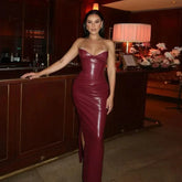 Lunivop Autumn Strapless Party Dresses 2024 New Arrivals Wine PU Corset Dress Sexy Midi Bodycon Night Event Dress Women