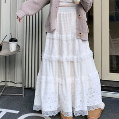 Lunivop Sweet White Lace Cake Skirt for Women Y2k E-Girl High Waist A-line Skirts 2025 Spring New Mid-length Loose Faldas Largas