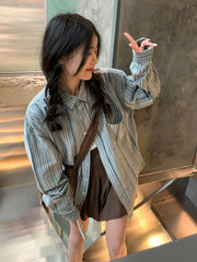 Lunivop Striped Loose Retro Shirts Women Casual Preppy Style Long Sleeve Blouse Vintage Female Pockets All Match Spring Korean Tops