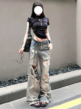 Lunivop Large size fat mm American retro Spice Girl washed ripped jeans women's summer new street loose wide-leg trousers