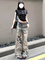 Lunivop Large size fat mm American retro Spice Girl washed ripped jeans women's summer new street loose wide-leg trousers