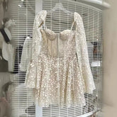 Lunivop Fashion Women Dress Long Sleeve Low-necked Solid Color Lace Patchwork Female Party Short Dresses New Tide