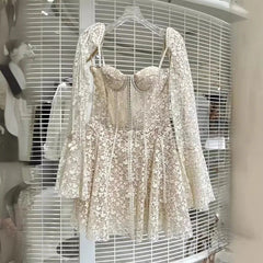 Lunivop Fashion Women Dress Long Sleeve Low-necked Solid Color Lace Patchwork Female Party Short Dresses New Tide