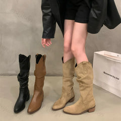 Lunivop Women Fur Suede Boots New Fashion Pleated Wedge Long Boots Ladies Round Toe Slip on Mid-calf Boots Low Heel Botas De Mujer