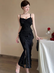 Lunivop White Lace Jacquard Chic Ruffled Casual Long Dress Women Elegant Beach Style Sling Dress Summer Korean Fashion Party Dress