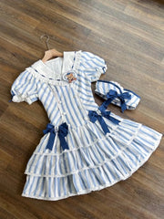 Lunivop Sweet Cute Sailor Collar Striped Bow Dresses Slim Waist Cake Dress for Women Summer New Short Sleeve Vestidos Mujer