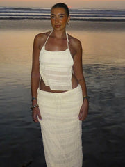 Lunivop Chiffon Sexy Backless Ruched Women Skirt Suit Apricot Spaghetti Strap Top Long Skirt Female Spring Slim Party Beachwear