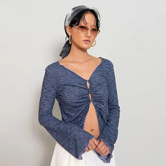 Lunivop Y2k Millenial Style Sexy V-Neck Design Sense Irregular Hollow Slim Leaky Umbilical T-Shirt Top Street Style Long Sleeve Top