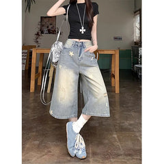 Lunivop Women's New Baggy Calf Length Jeans Vintage Hole Star Printed Wide Leg Denim Pants Ladies Fashion High Waisted Cropped Trousers