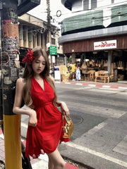 Lunivop Woman Dresses Sleeveless V Neck Bandage Halter Backless Vintage Sexy Mini Dress Sweet Elegant Female Party Fashion