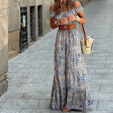 Lunivop Women Elegant Off Shoulder Slash Neck Long Dress Summer Floral Print A-Line Short Sleeve Bohemian Sundress with Belt