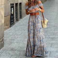 Lunivop Women Elegant Off Shoulder Slash Neck Long Dress Summer Floral Print A-Line Short Sleeve Bohemian Sundress with Belt