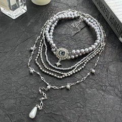 Lunivop Retro High-quality Grey Pearl Long Tassel Necklace Crystal Inlaid Beads Stars Pendant Multi-Layer Chokers Sweater Chain Jewelry