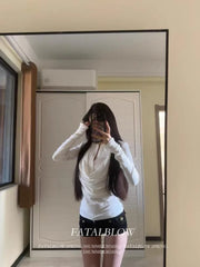 Lunivop Y2k Fake Two Piece Patchwork Long Sleeve Blouses Simple White Slim Fit Bottoming Tops Mujer 2025 Spring New Blusas Mujer