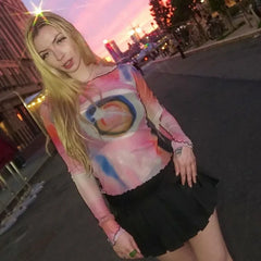 Lunivop Autumn new round neck pullover long sleeve mesh printing off the navel European and American women's top T-shirt