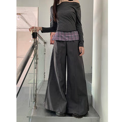 Lunivop Autumn Winter New Arrival Dark Gray Fashion Leisure Patchwork Ripped Straight Long Flare Grey Pants Casual Women Trousers