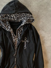 Lunivop American Vintage Fake Two Hooded Sweatshirt Y2k High Street Print Jacket Women Cardigan Coats Grunge Leopard Hoodie