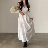 Lunivop Ele Vintage Simple Gentle Lace Trim V-ne Slimming Pleated Svel Strapl Dr High Waist Polyester Fiber
