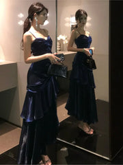 Lunivop Vintage Blue Elegant Sexy Backless Ruffles Long Dresses French Pleated Slip Sleeveless Vestidos Birthday Evening Party Dress