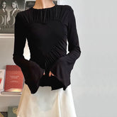 Lunivop BKLD Women's Autumn New Round Neck Slim Fit Trumpet Sleeves Simple Casual Heart Shape Design Fashion Split Hem Solid Y2K T-shirt