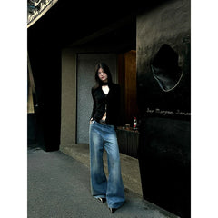 Lunivop Women's Retro Wide Leg Washed Blue Jeans Autumn New Cool Girl Straight Bottoms Vintage Casual Trousers Female Mid-Waisted Pants