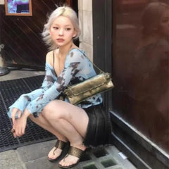 Lunivop Fake Two Piece T-shirt for Women Vintage Tie-dye Mesh Long Sleeve Tops Mujer Summer New Slim Fit Sun Protection Tees