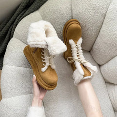Lunivop New Thicken Plush Snow Boots Women Winter Faux Fur Mid-calf Boots Woman Lace-up Snow Boots Ladies Flat Warm Cotton Shoes