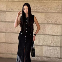 Lunivop Summer Elegant Lace Patchwork Casual Long Dress Women Solid O Neck Sleeveless Single Breasted Slim Lady Commute Street Robe