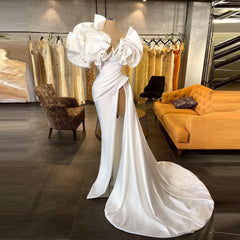 Lunivop Elegant White Ruffled Satin Long Bridal Gowns Side Hi Slit Mermaid Wedding Dresses Beaded Pleated Satin Prom Evening Dress Custo