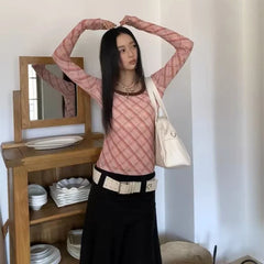 Lunivop Korean Style Plaid T-Shirts Women Vintage Elegant Y2k Long Sleeve Tees Retro Street Patchwork Slim Aesthetics T-Shirts