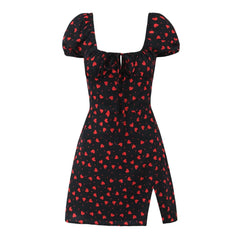 Lunivop French Retro Black Print Bow Square Collar Short Elastic Puff Dress Women Zipper Back Slim Waist Slit Hem Mini Dresses Robe Blue