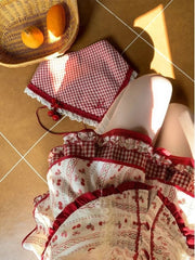 Lunivop Vintage Fresh Prairie Chic 2 Piece Set Women Slim Floral Doll Collar Puff Sleeve Top + High Waist Plaid Skirt Sweet Party Outfit