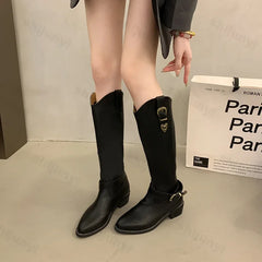 Lunivop Women Mid Heels Knee High Chelsea Long Boots Fashion Metal Buckle Platform Motorcycle Boots Designer Pointed High Knight Boots