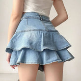 Lunivop Vintage Denim Skirt Shorts Women Summer Korean Fashion High Waist A-line Wash Blue Slim Cute Sexy Mini Jeans Ruffle Skirt Female