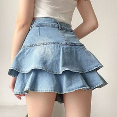 Lunivop Vintage Denim Skirt Shorts Women Summer Korean Fashion High Waist A-line Wash Blue Slim Cute Sexy Mini Jeans Ruffle Skirt Female