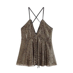Lunivop Beaded Strap Cami Top Black Deep V-Neck Ruffled Hem Sheer Fabric Artistic Beadwork Trendy Women Tops Fashion Chic Blouse