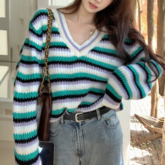 Lunivop Multicolor Striped Pullover Women Sweater Soft Knitted V-Neck Long Sleeve Jumper Teen-girl Fall Winter 90s Y2K Outfit