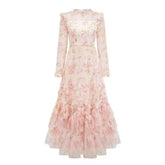 Lunivop Lace Sequins Slim Women Floral Skirt Long Sleeves O Neck Spot Printing Ear Fungus Edge Female Dress 2025 Spring New