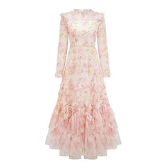 Lunivop Lace Sequins Slim Women Floral Skirt Long Sleeves O Neck Spot Printing Ear Fungus Edge Female Dress 2025 Spring New