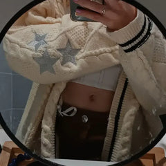 Lunivop Folklore Cardigan with Star Embroidery Button Up Oversized Knit Jacket Cardigan Sweater Women Teenage Girls TS Concert Outfit