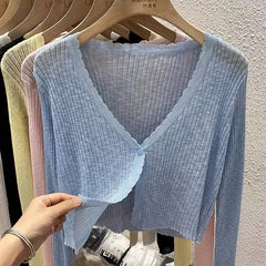 Lunivop Lightweight Sunscreen Shirt Women Crop Tops One Button Hollow Out Knit White Long Sleeve Cardigan Elegant Casual Shawl Coat